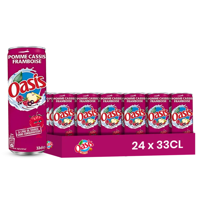 Oasis pomme cassis – Pack de 24 Canettes 33 cl | Grossiste Boissons et épiceries France | DESTOCK BREIZH DISTRIBUTION