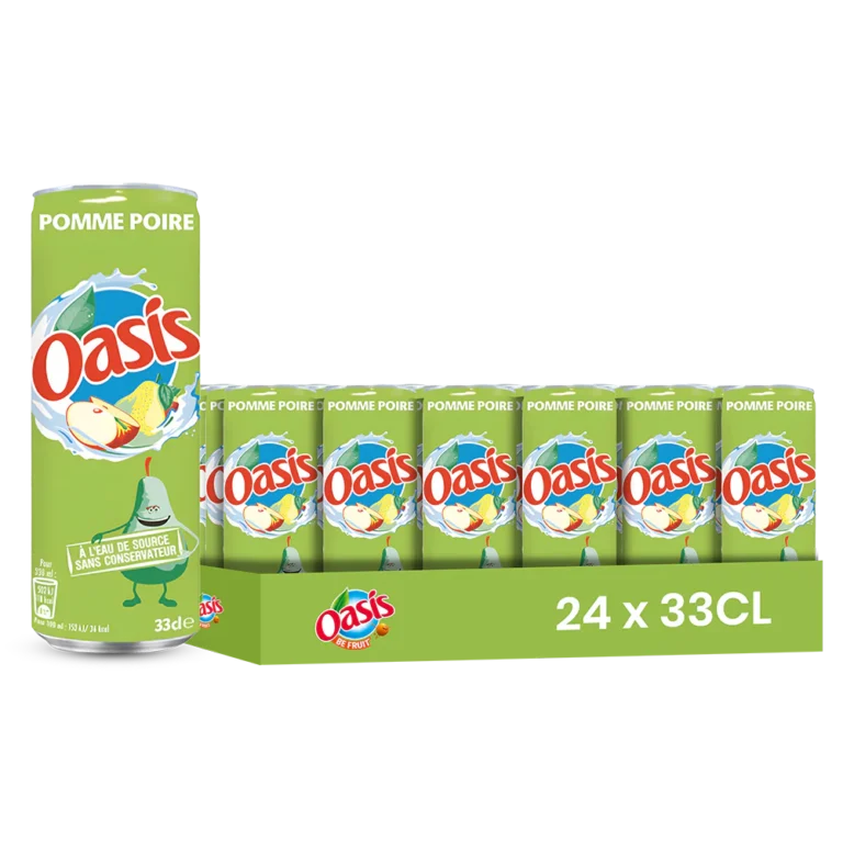 Oasis pomme poire – Pack de 24 Canettes 33 cl | Grossiste Boissons et épiceries France | DESTOCK BREIZH DISTRIBUTION