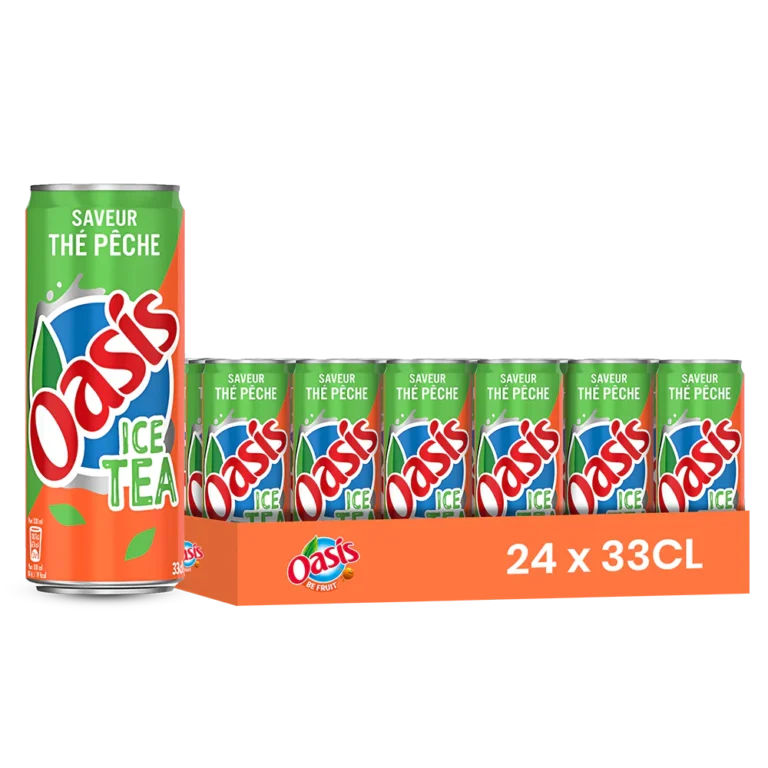 Oasis thé pêche – Pack de 24 Canettes 33 cl | Grossiste Boissons et épiceries France | DESTOCK BREIZH DISTRIBUTION